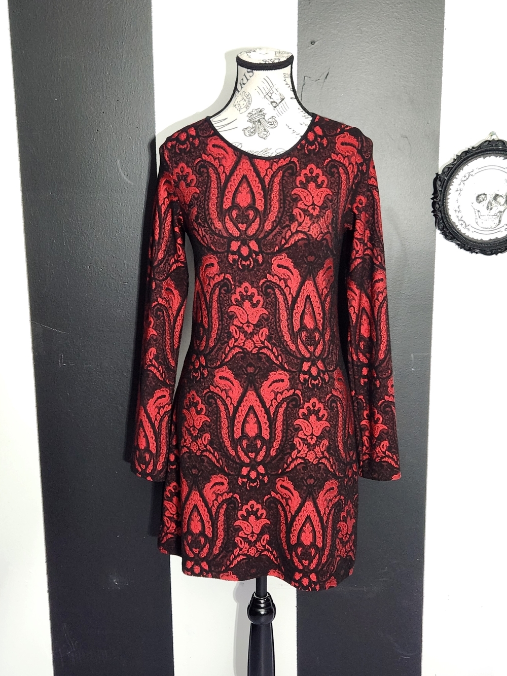 Arianne Red and Black Damask Long-Sleeve Dress